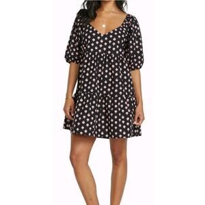 Billabong Breezy Palms Black Pebble Cotton Sundress Puff Sleeves Romantic NWT XL